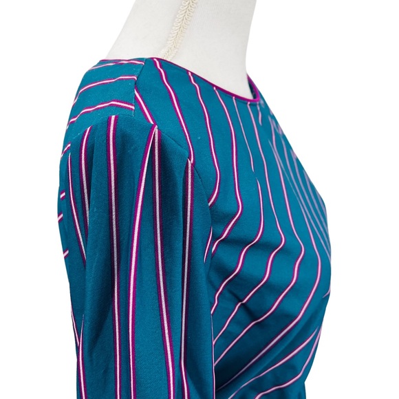 Vntg Jen Jen New York 70s Secretary Dress Teal Purple Pinstripes Puff sleeve M - Picture 4 of 13
